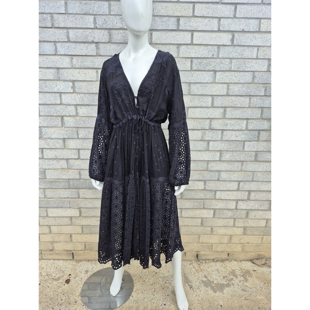 Johnny Was Black Embroidered Boho Midi Dress Womens M Eyelet Lace Long Sleeve